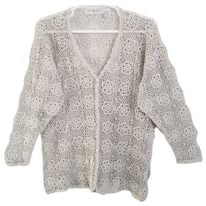 NWOT Vntg Women Plus Open Crochet Button Cozy Feminine Chic Cardigan Beige 22/24